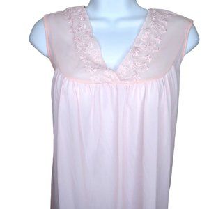 Vintage Danni Pink Nylon Nightgown M Embroidery Knee Length Sleeveless USA Made